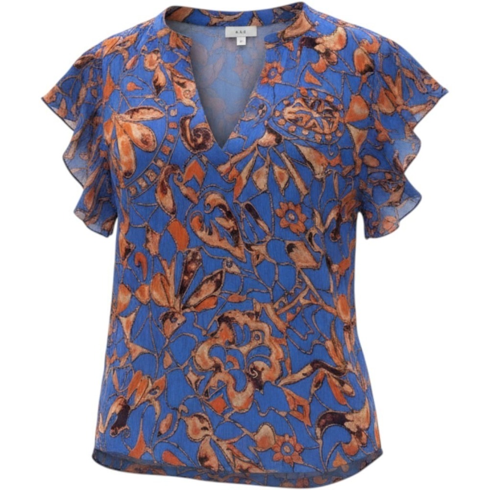 A.L.C. 100% Silk Ruffle Sleeve Blouse Size 2 Blue‎ Orange Abstract Print Top